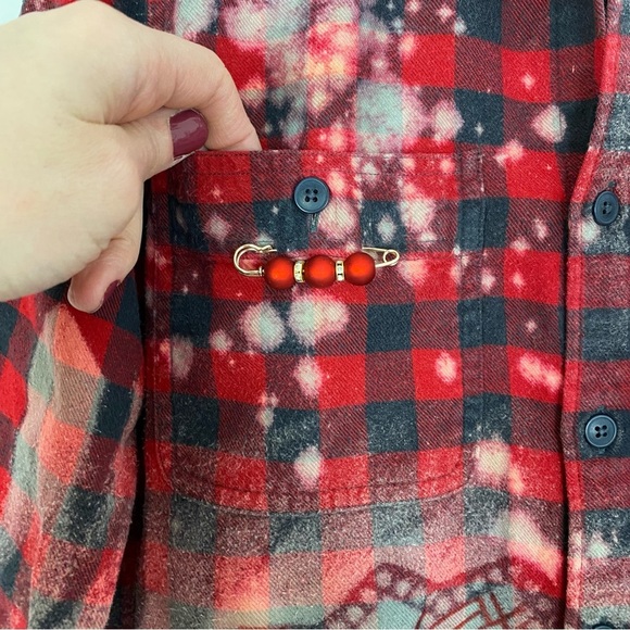 Handmade Floral Flannel Shirt Womens XS Bleached Plaid Button Down Red Upcycled - Picture 4 of 8